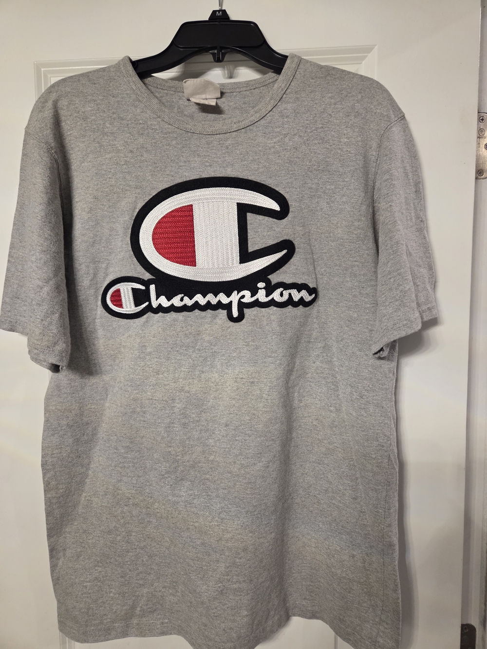 Vintsge Champion Gray Short Sleeve Tee with Red & White Logo Patch